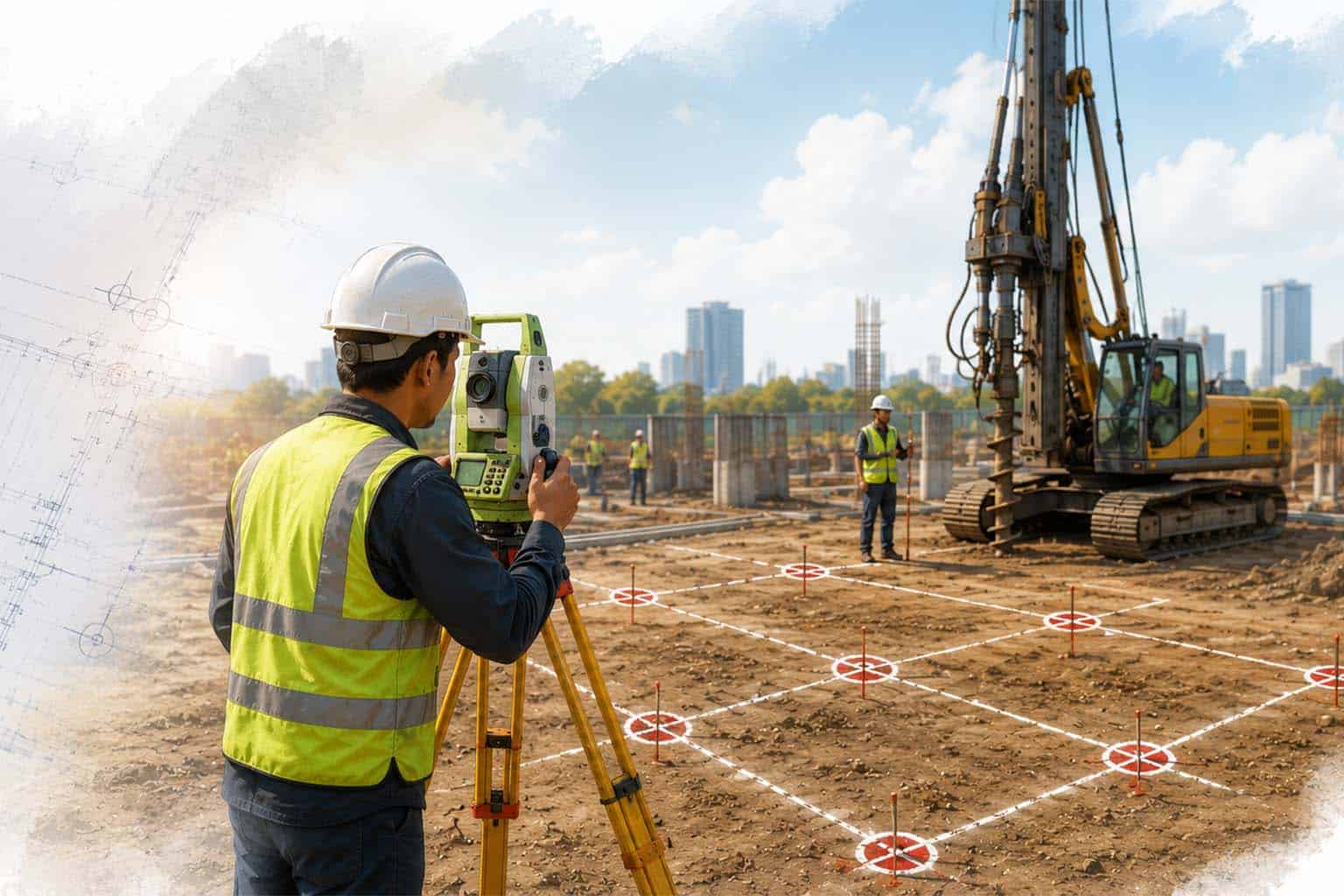 Ilustrasi kegiatan survei titik bor pile pada proyek konstruksi.