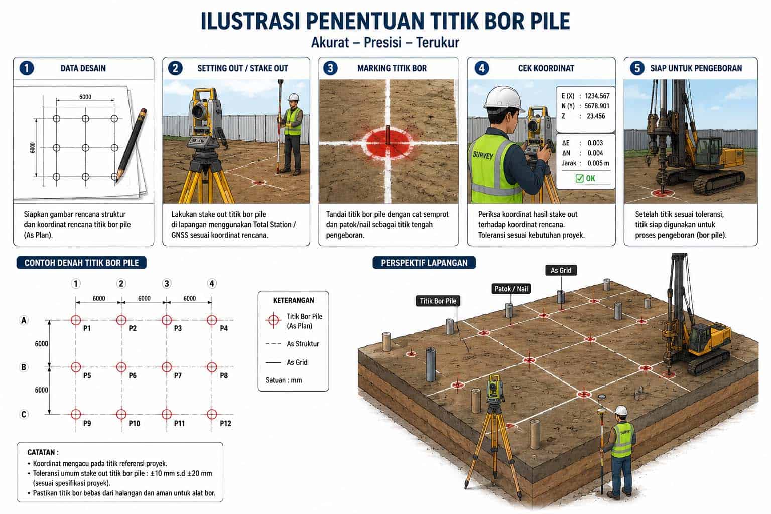 Ilustrasi kegiatan survei titik bor pile pada proyek konstruksi.